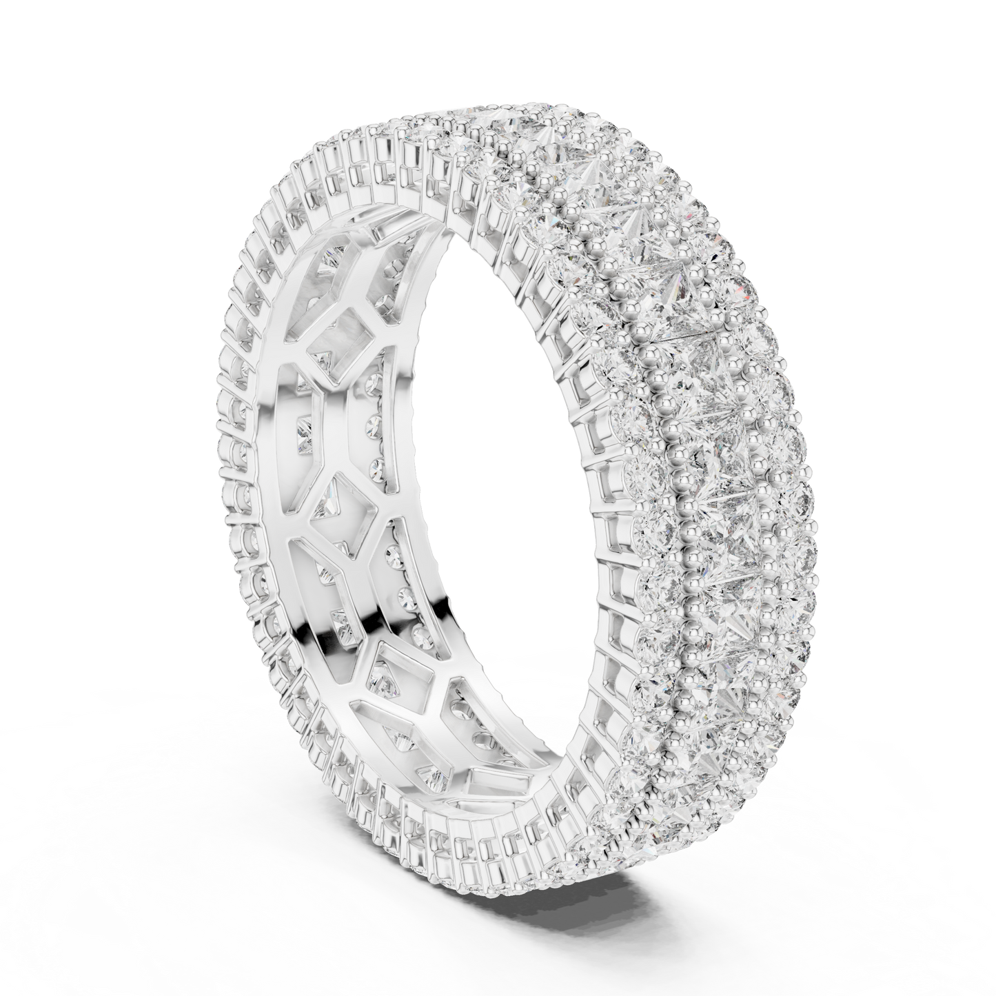 3.18ctw Princess Cut and Round Diamond Multi-Row Eternity Band in Yellow Gold