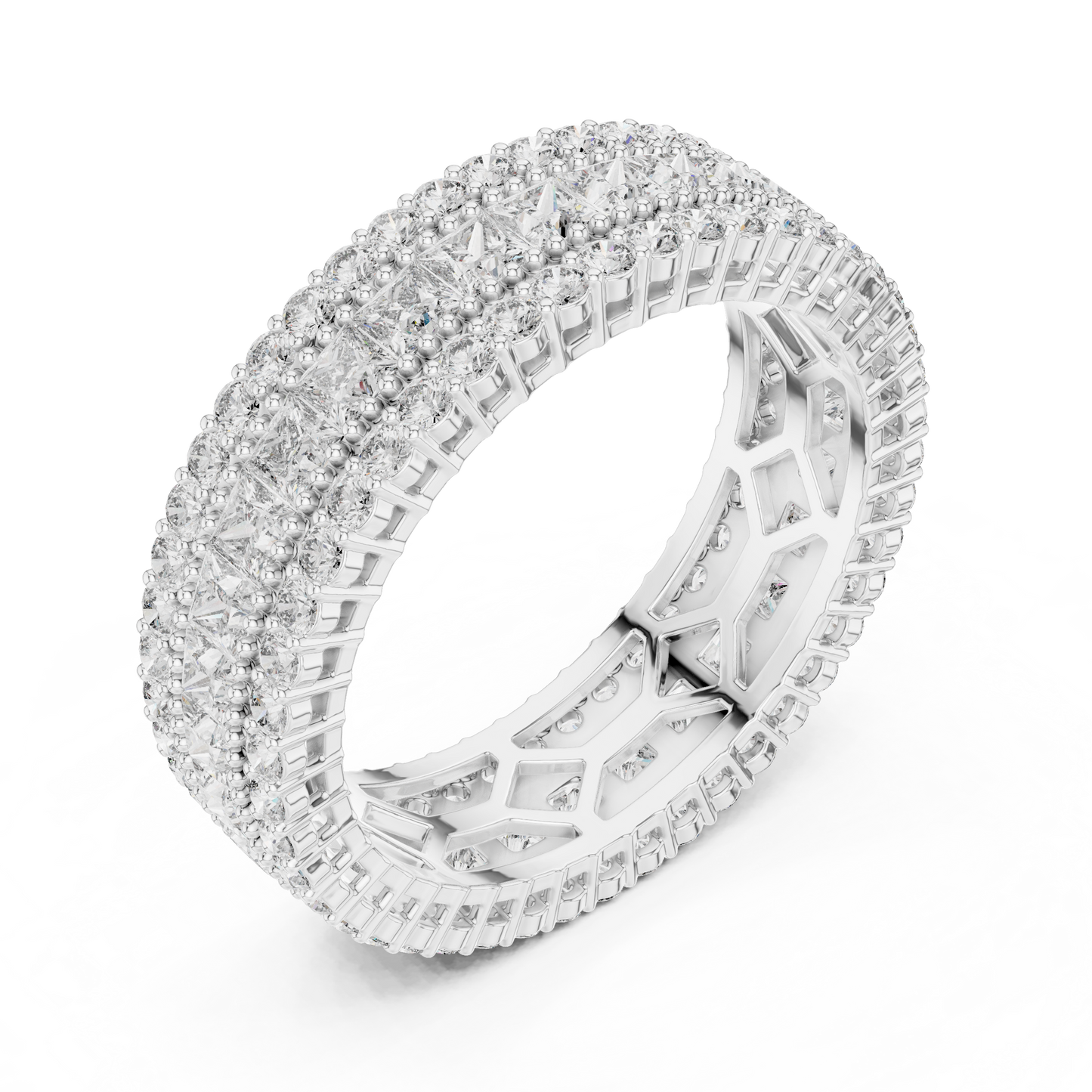 3.18ctw Princess Cut and Round Diamond Multi-Row Eternity Band in Yellow Gold