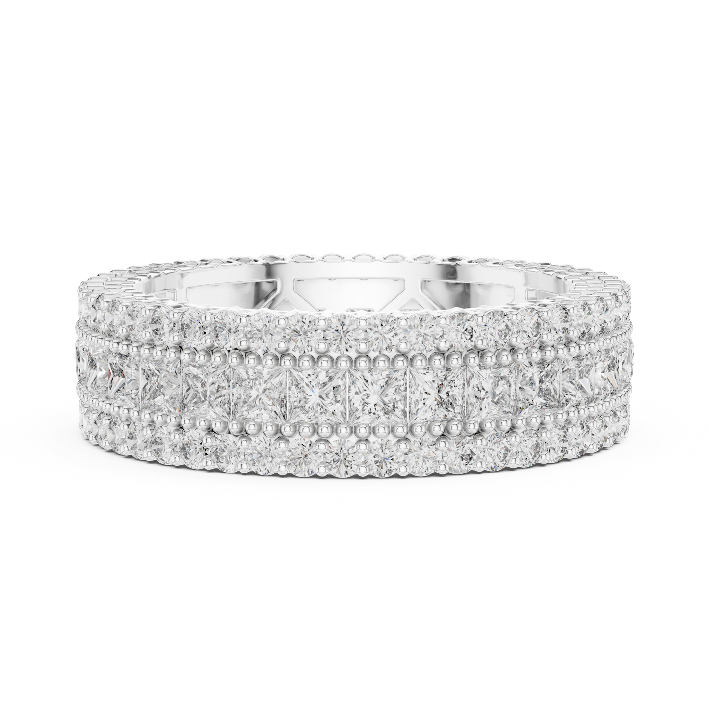 3.18ctw Princess Cut and Round Diamond Multi-Row Eternity Band in Yellow Gold