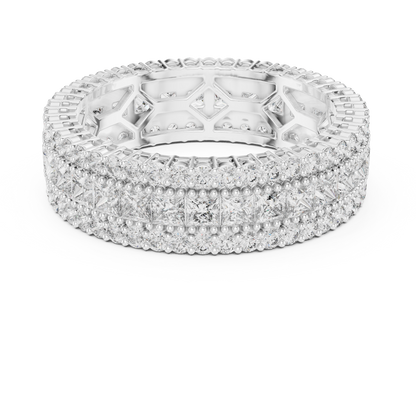 3.18ctw Princess Cut and Round Diamond Multi-Row Eternity Band in Yellow Gold