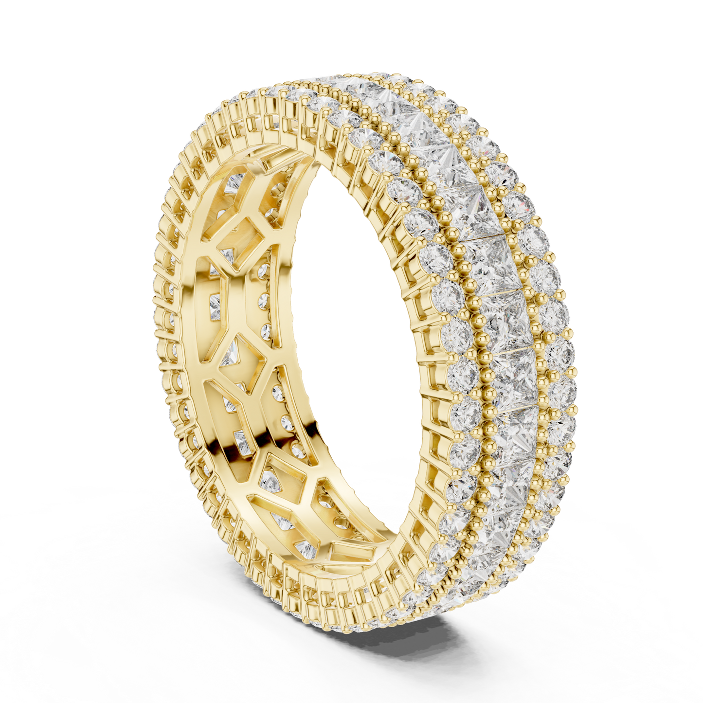 3.18ctw Princess Cut and Round Diamond Multi-Row Eternity Band in Yellow Gold