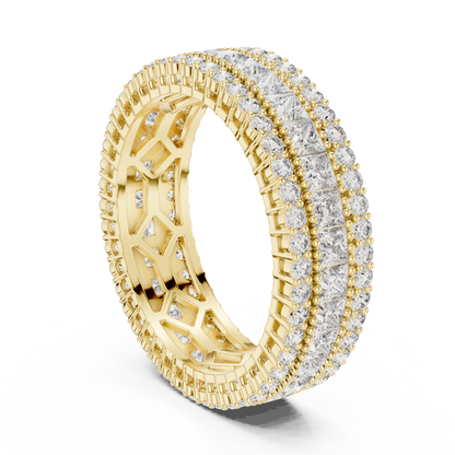 3.18ctw Princess Cut and Round Diamond Multi-Row Eternity Band in Yellow Gold