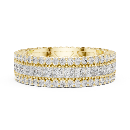 3.18ctw Princess Cut and Round Diamond Multi-Row Eternity Band in Yellow Gold