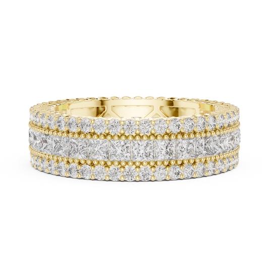 3.18 Carat Princess Cut and Round Diamond Multi-Row Eternity Band in Yellow Gold