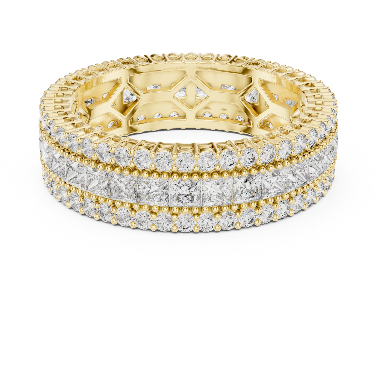 3.18ctw Princess Cut and Round Diamond Multi-Row Eternity Band in Yellow Gold