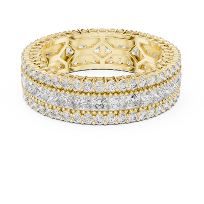 3.18ctw Princess Cut and Round Diamond Multi-Row Eternity Band in Yellow Gold