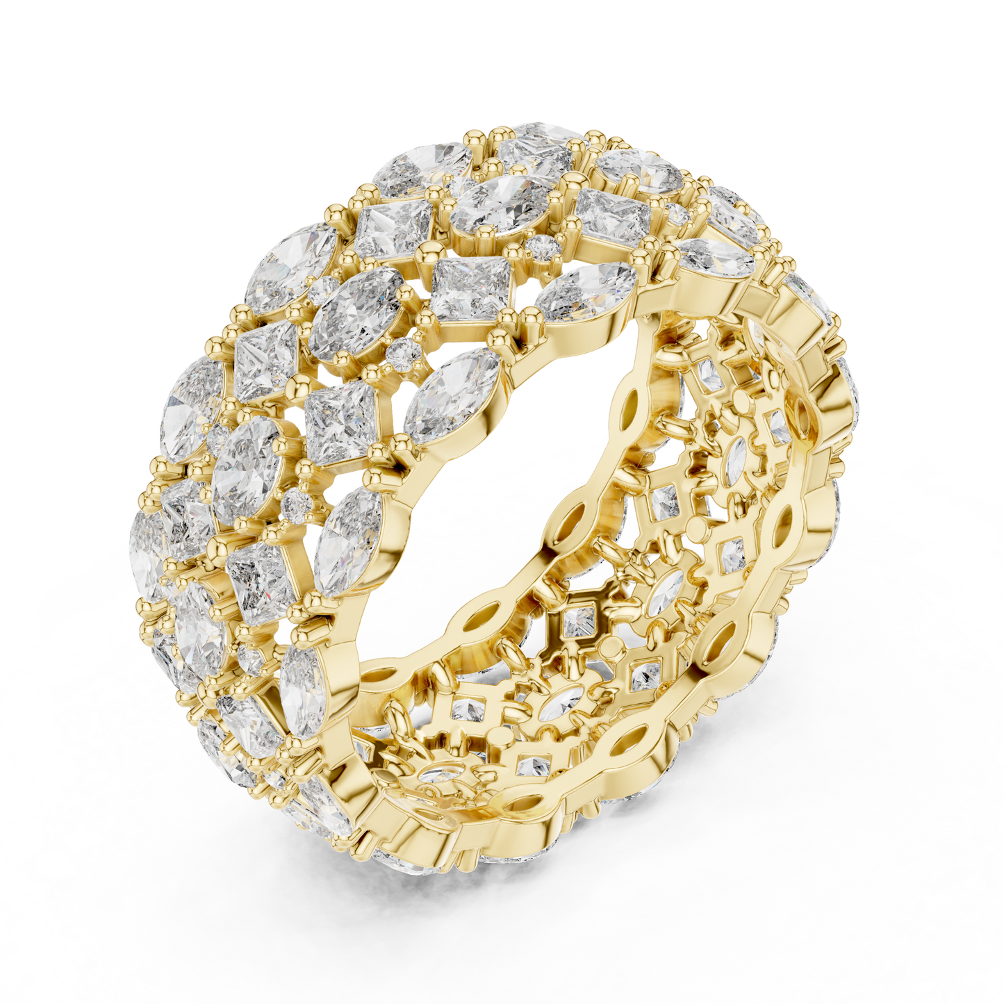 3.29ctw Mixed Shape Diamond Multi-Row Statement Ring - Solid Gold
