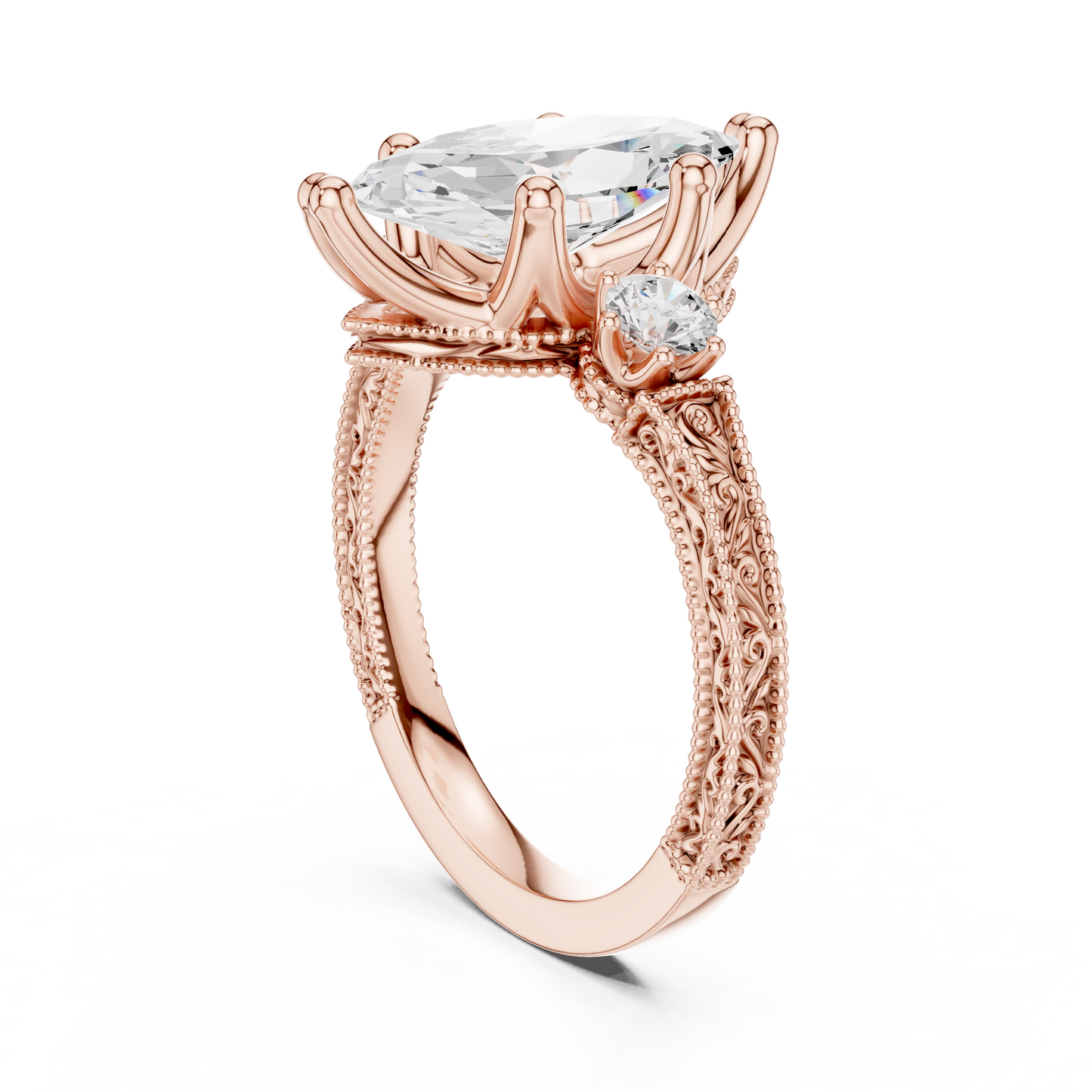 2.80 Carat Vintage Three-Stone Marquise Diamond Filigree Ring | Solid Gold