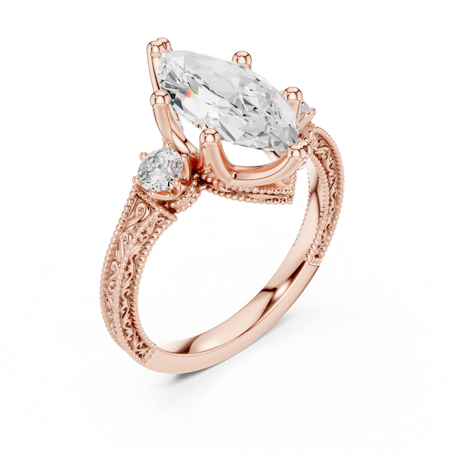 2.80 Carat Vintage Three-Stone Marquise Diamond Filigree Ring | Solid Gold