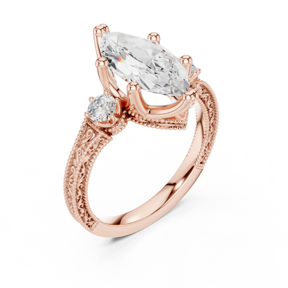 2.80 Carat Vintage Three-Stone Marquise Diamond Filigree Ring | Solid Gold