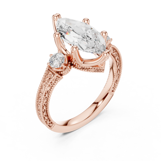 2.80 Carat Vintage Three-Stone Marquise Diamond Filigree Ring | Solid Gold