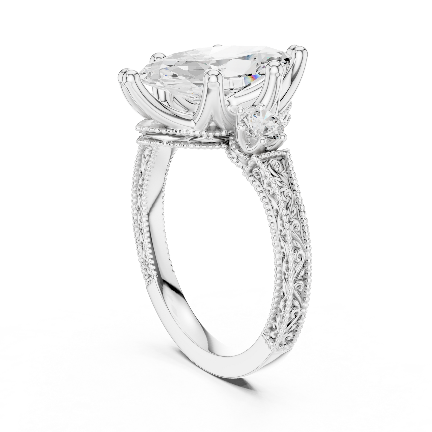 2.80 Carat Vintage Three-Stone Marquise Diamond Filigree Ring | Solid Gold