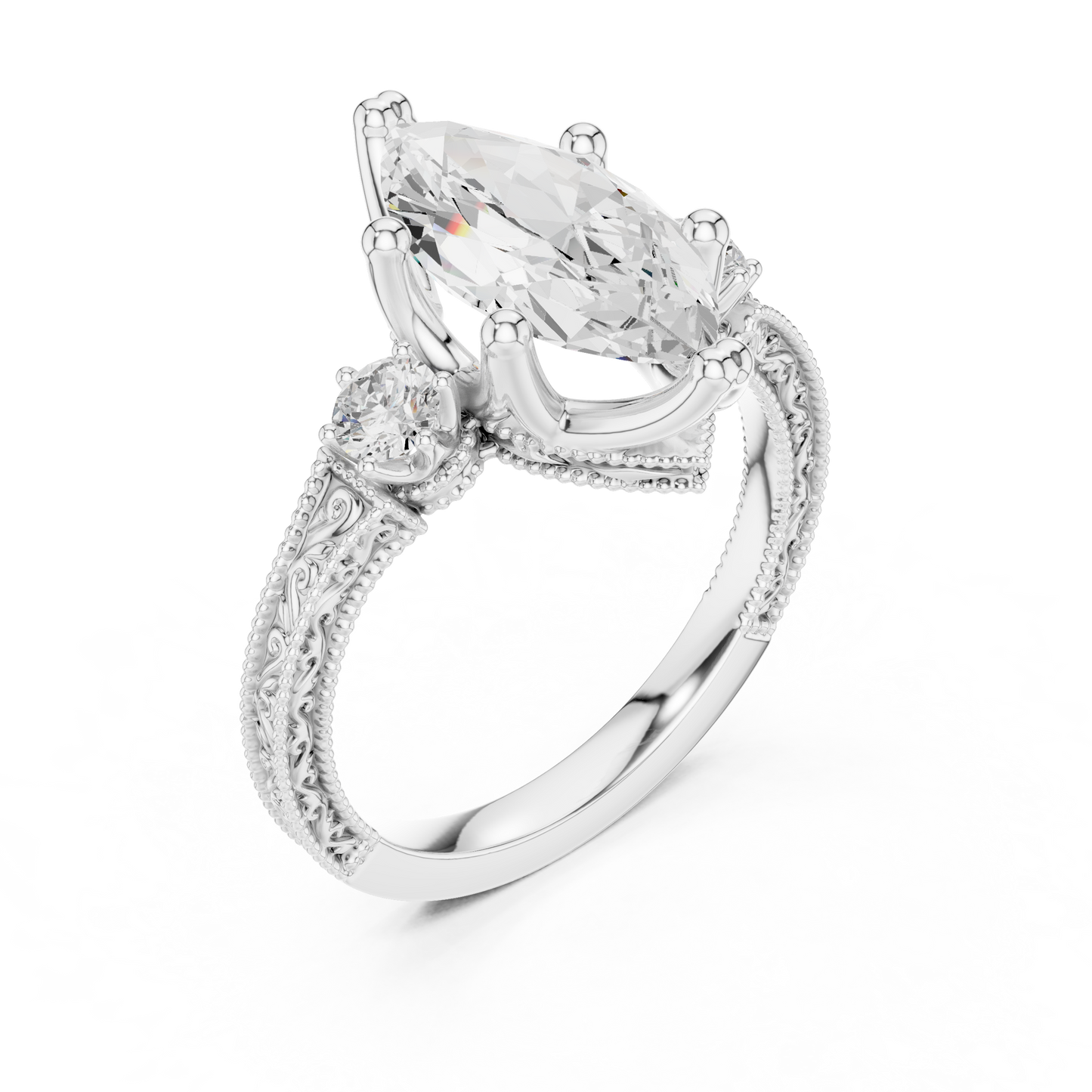 2.80 Carat Vintage Three-Stone Marquise Diamond Filigree Ring | Solid Gold