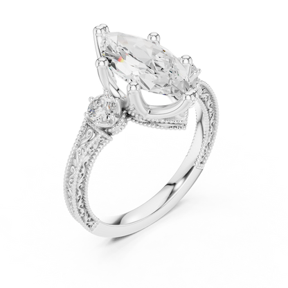 2.80 Carat Vintage Three-Stone Marquise Diamond Filigree Ring | Solid Gold
