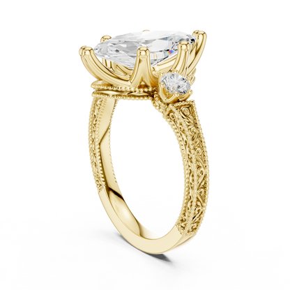 2.80 Carat Vintage Three-Stone Marquise Diamond Filigree Ring | Solid Gold