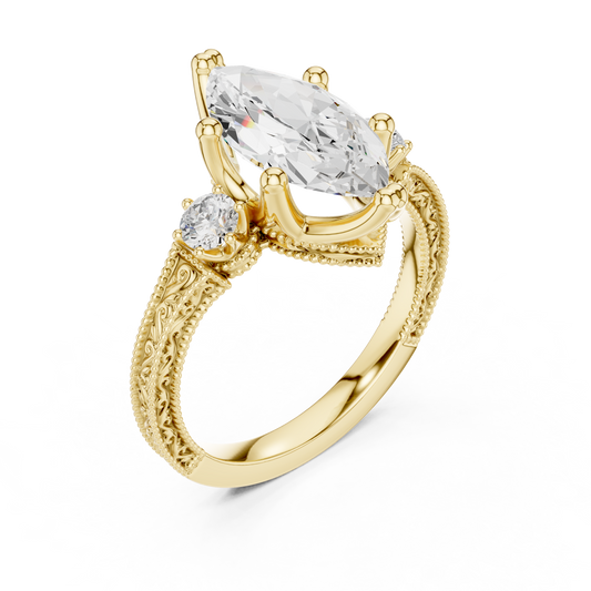 2.80 Carat Vintage Three-Stone Marquise Diamond Filigree Ring | Solid Gold