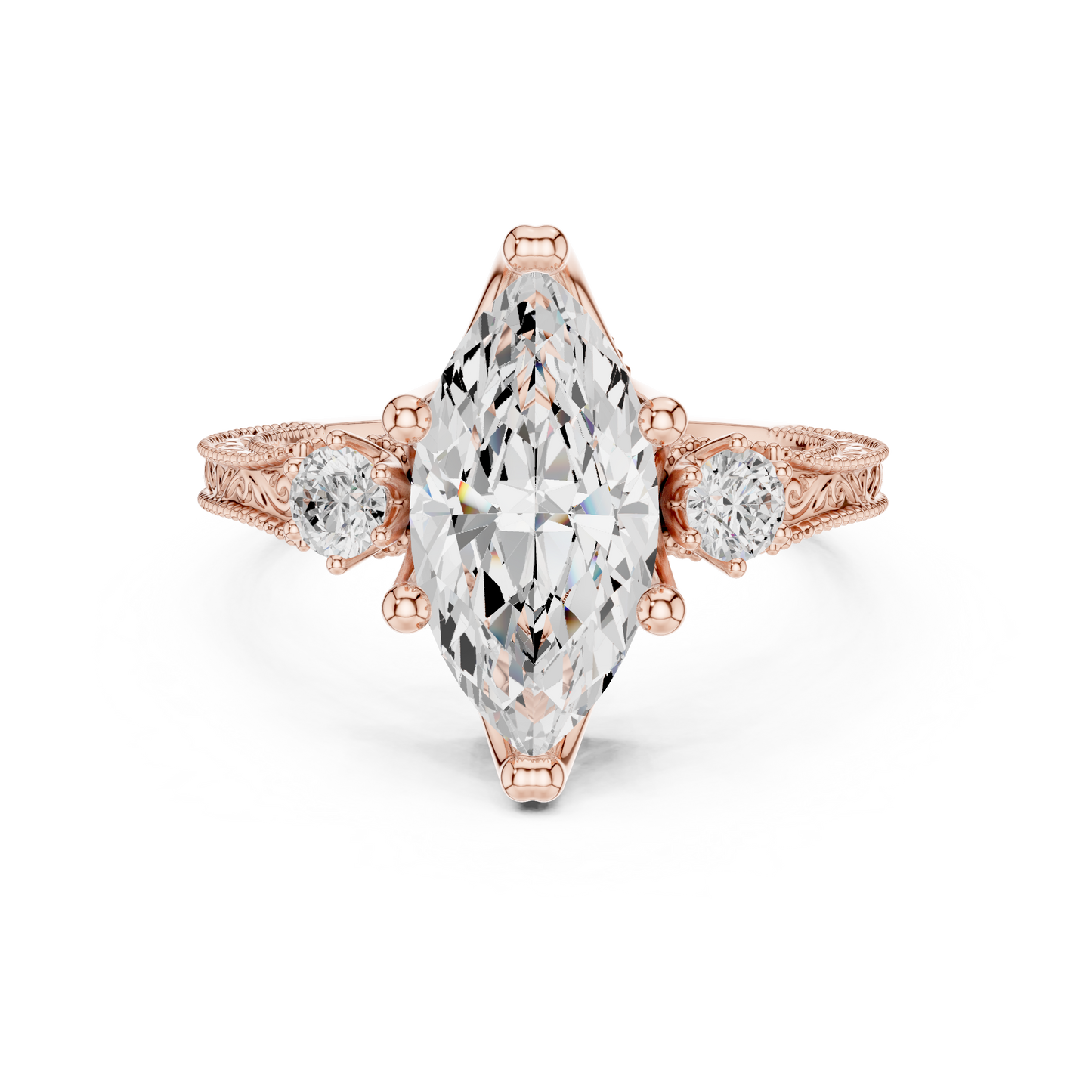 2.80 Carat Vintage Three-Stone Marquise Diamond Filigree Ring | Solid Gold