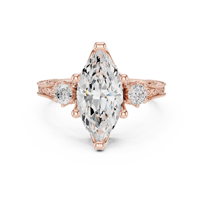 2.80 Carat Vintage Three-Stone Marquise Diamond Filigree Ring | Solid Gold