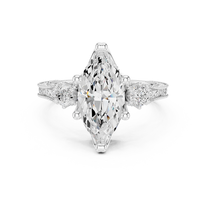 2.80 Carat Vintage Three-Stone Marquise Diamond Filigree Ring | Solid Gold