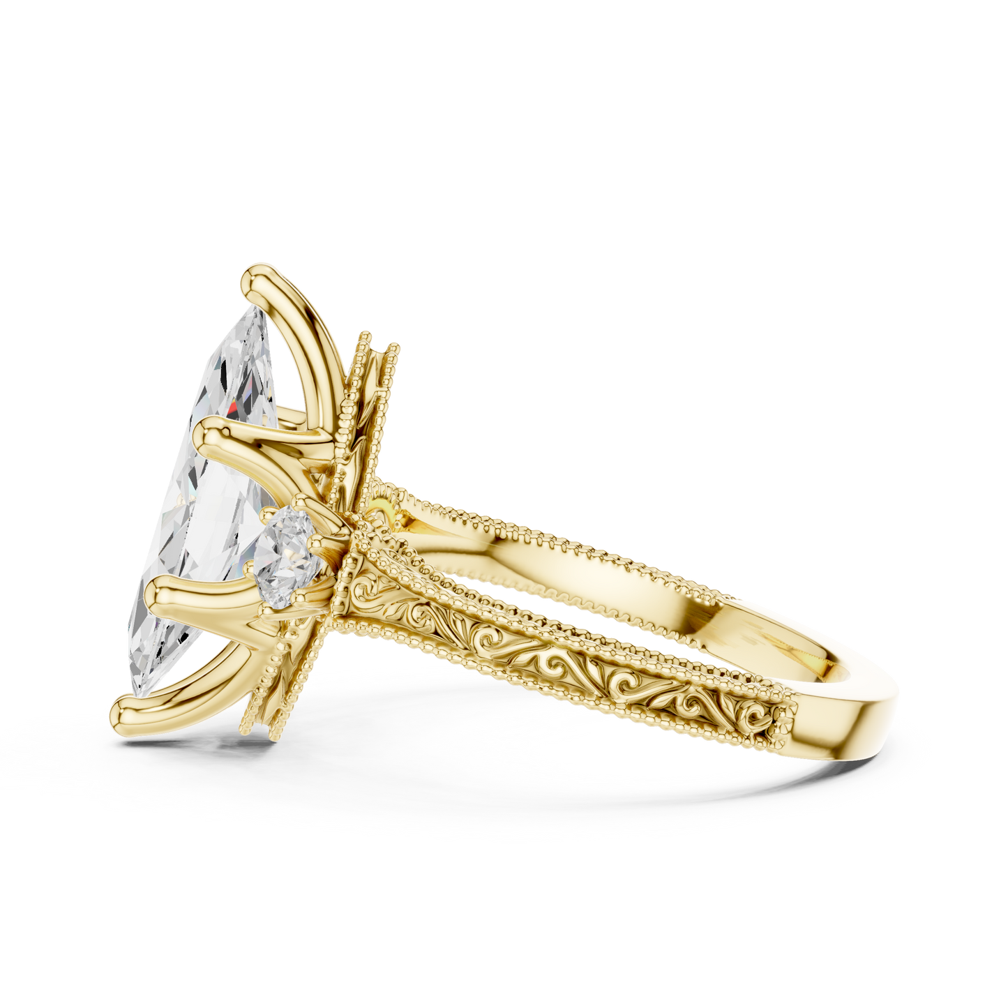 2.80 Carat Vintage Three-Stone Marquise Diamond Filigree Ring | Solid Gold