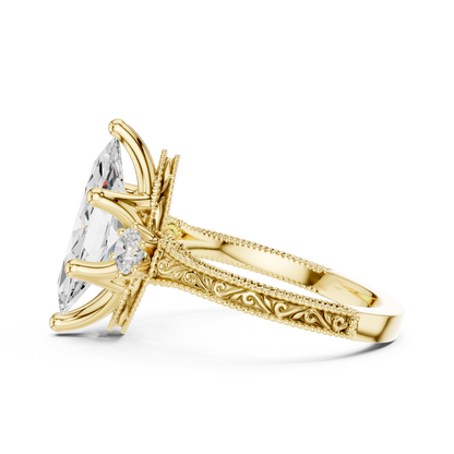 2.80 Carat Vintage Three-Stone Marquise Diamond Filigree Ring | Solid Gold