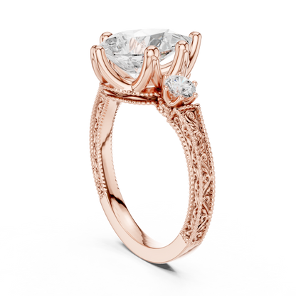 2.80 Carat Vintage Three-Stone Pear Diamond Filigree Ring | Solid Gold