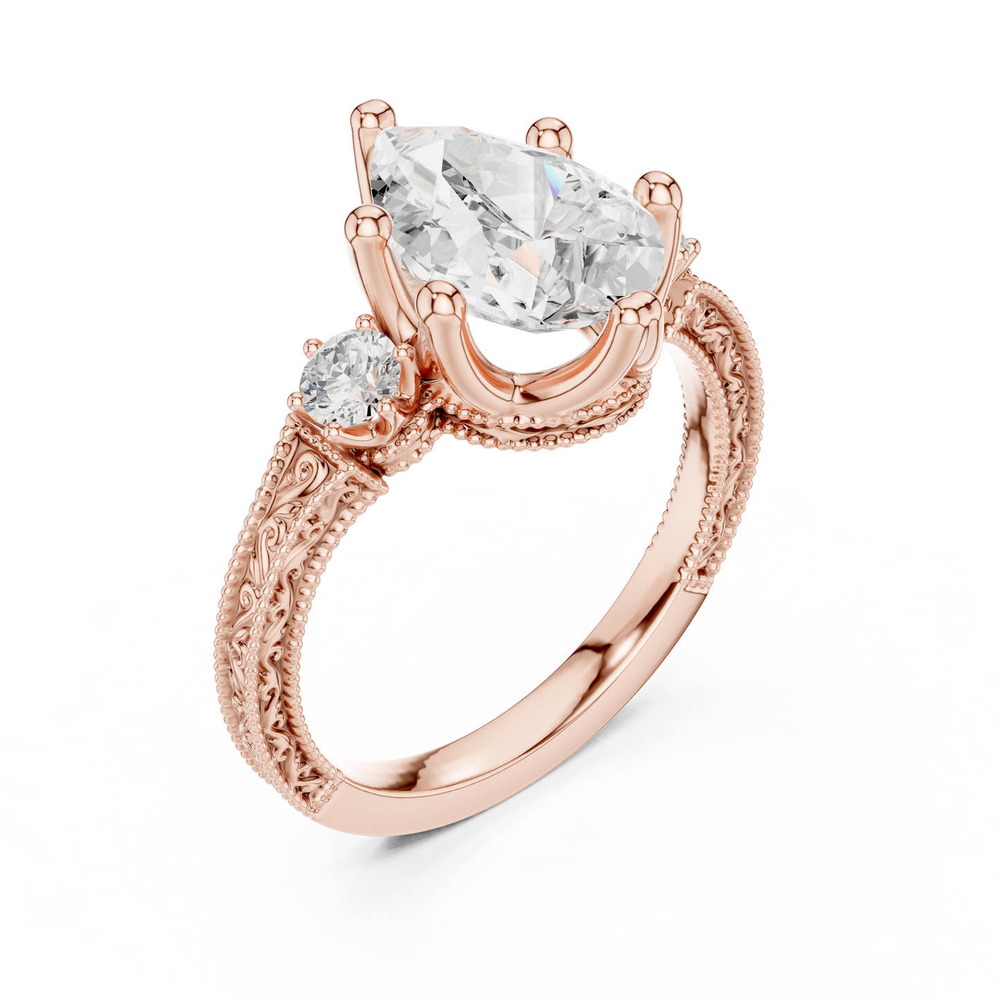 2.80 Carat Vintage Three-Stone Pear Diamond Filigree Ring | Solid Gold