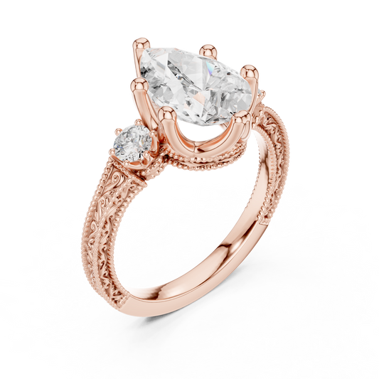 2.80 Carat Vintage Three-Stone Pear Diamond Filigree Ring | Solid Gold