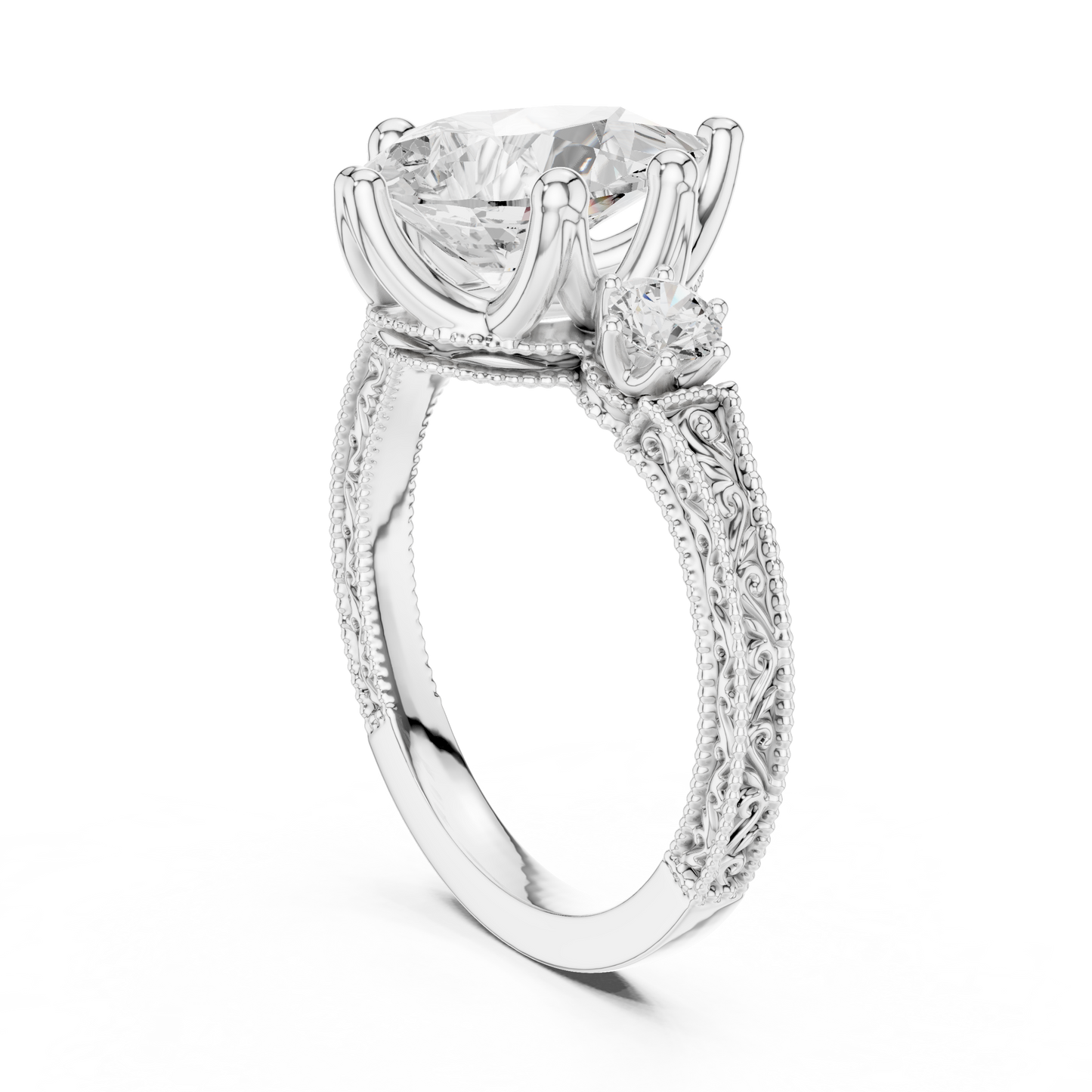2.80 Carat Vintage Three-Stone Pear Diamond Filigree Ring | Solid Gold