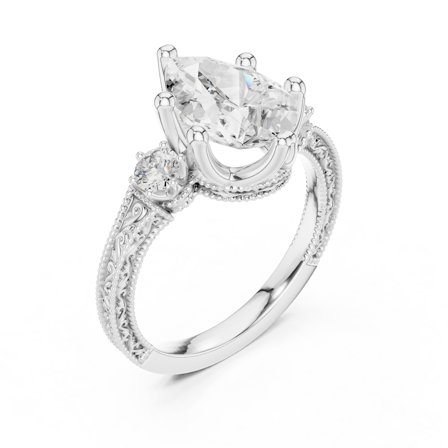 2.80 Carat Vintage Three-Stone Pear Diamond Filigree Ring | Solid Gold