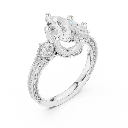 2.80 Carat Vintage Three-Stone Pear Diamond Filigree Ring | Solid Gold