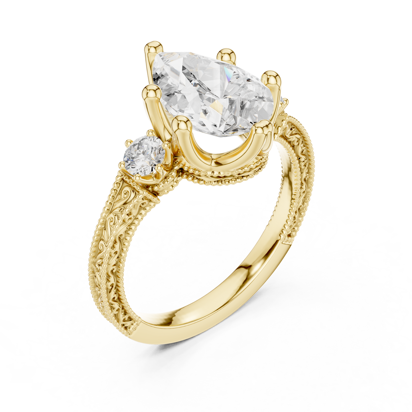 2.80 Carat Vintage Three-Stone Pear Diamond Filigree Ring | Solid Gold