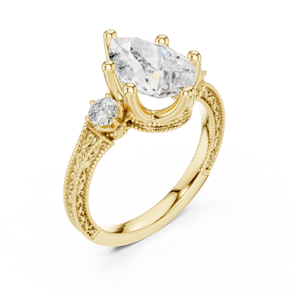 2.80 Carat Vintage Three-Stone Pear Diamond Filigree Ring | Solid Gold