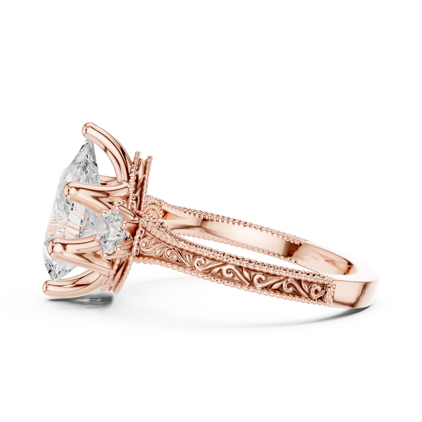 2.80 Carat Vintage Three-Stone Pear Diamond Filigree Ring | Solid Gold