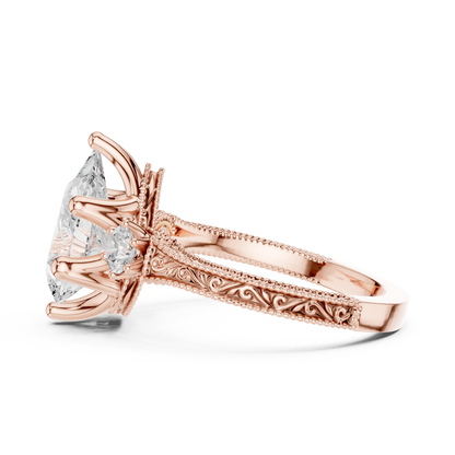 2.80 Carat Vintage Three-Stone Pear Diamond Filigree Ring | Solid Gold