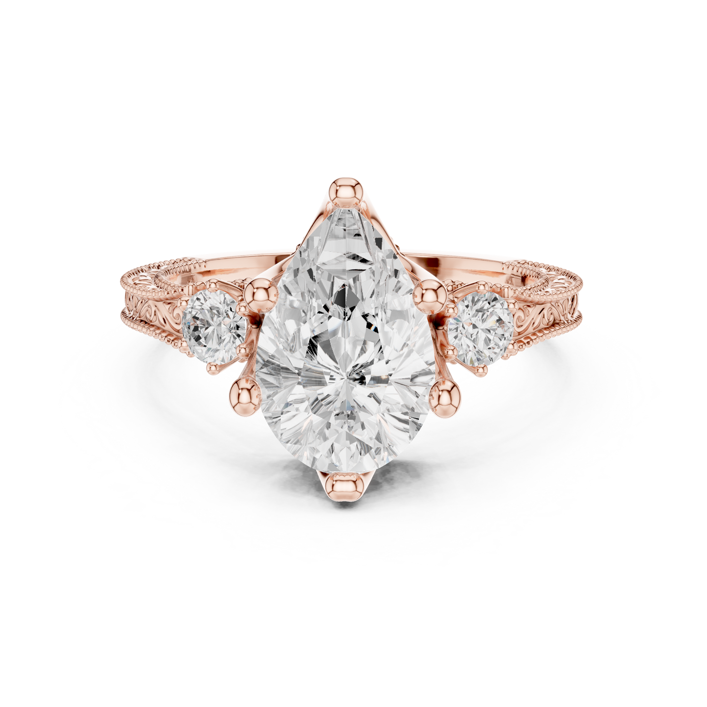 2.80 Carat Vintage Three-Stone Pear Diamond Filigree Ring | Solid Gold