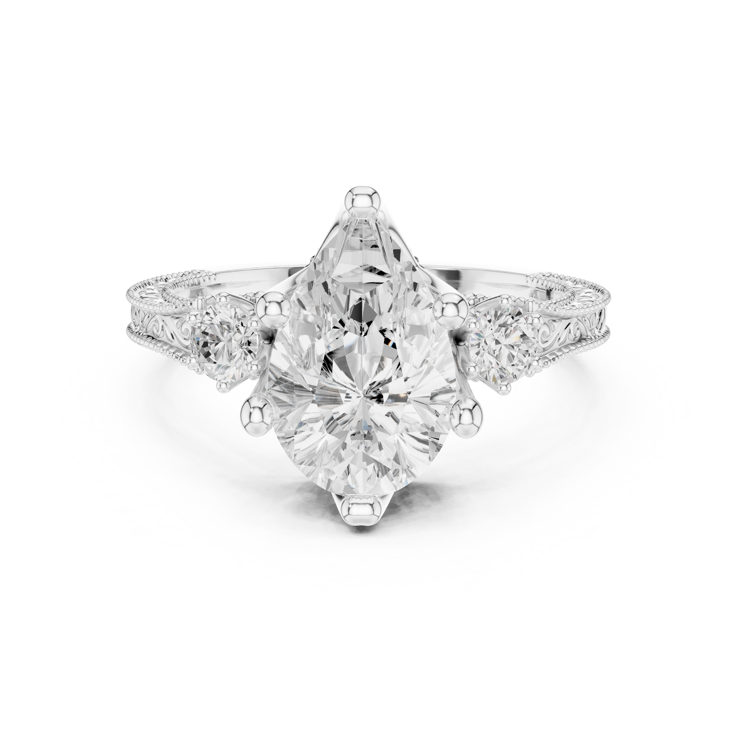 2.80 Carat Vintage Three-Stone Pear Diamond Filigree Ring | Solid Gold
