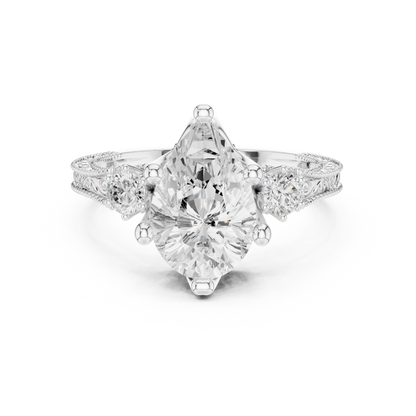 2.80 Carat Vintage Three-Stone Pear Diamond Filigree Ring | Solid Gold