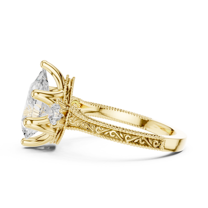 2.80 Carat Vintage Three-Stone Pear Diamond Filigree Ring | Solid Gold