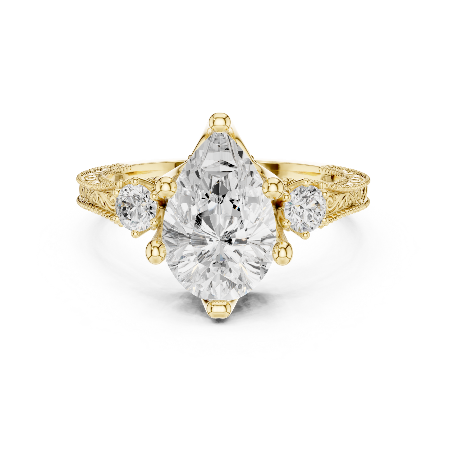 2.80 Carat Vintage Three-Stone Pear Diamond Filigree Ring | Solid Gold
