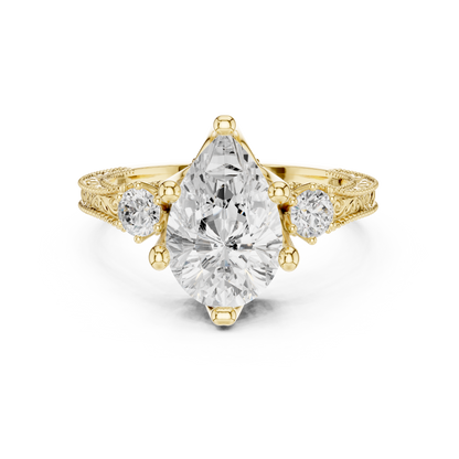 2.80 Carat Vintage Three-Stone Pear Diamond Filigree Ring | Solid Gold