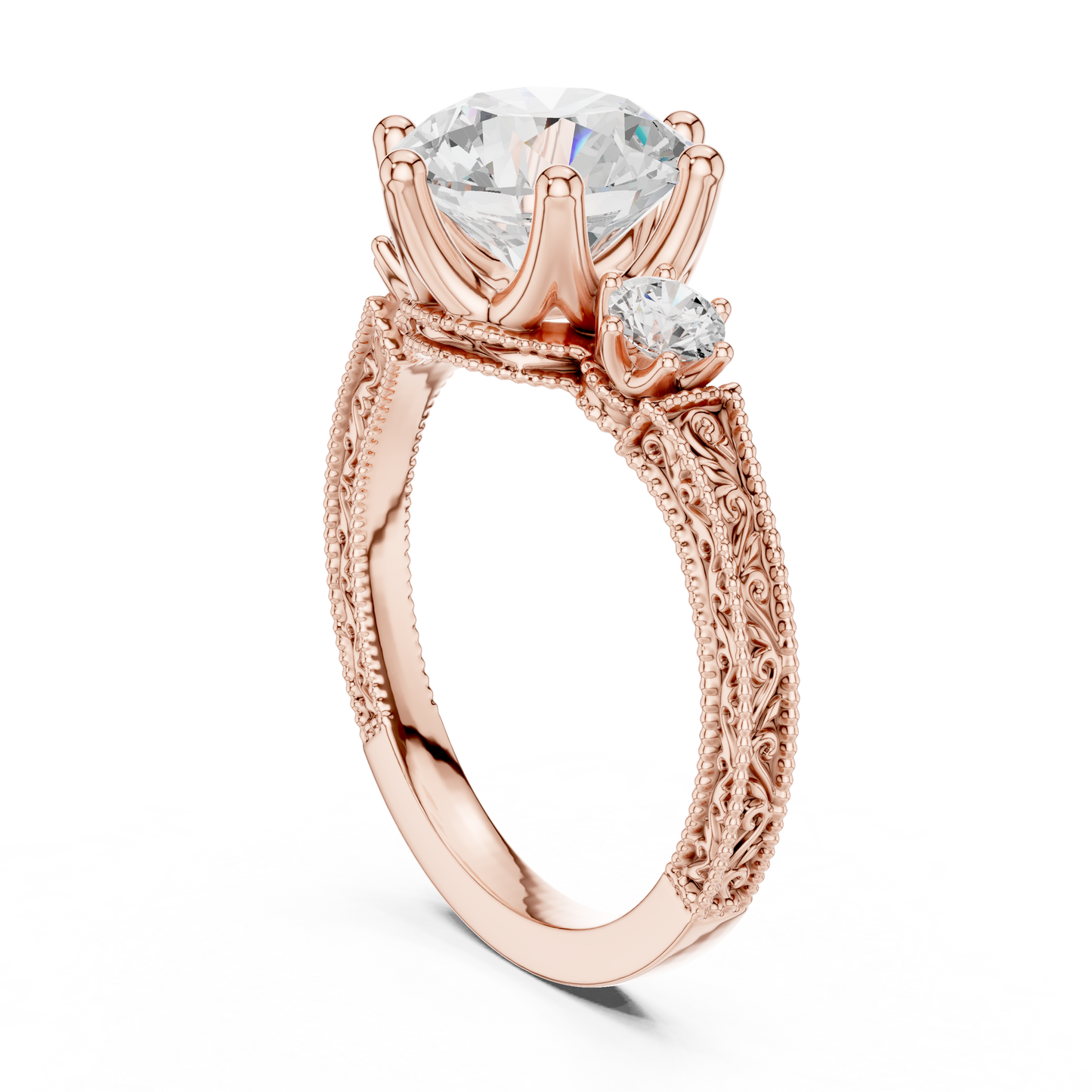 2.80 Carat Vintage Three-Stone Round Diamond Filigree Ring | Solid Gold