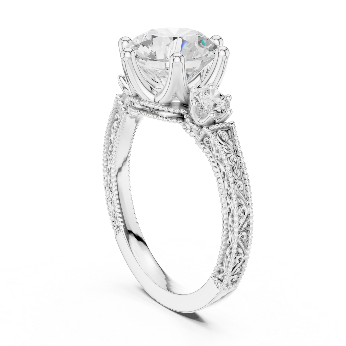 2.80 Carat Vintage Three-Stone Round Diamond Filigree Ring | Solid Gold