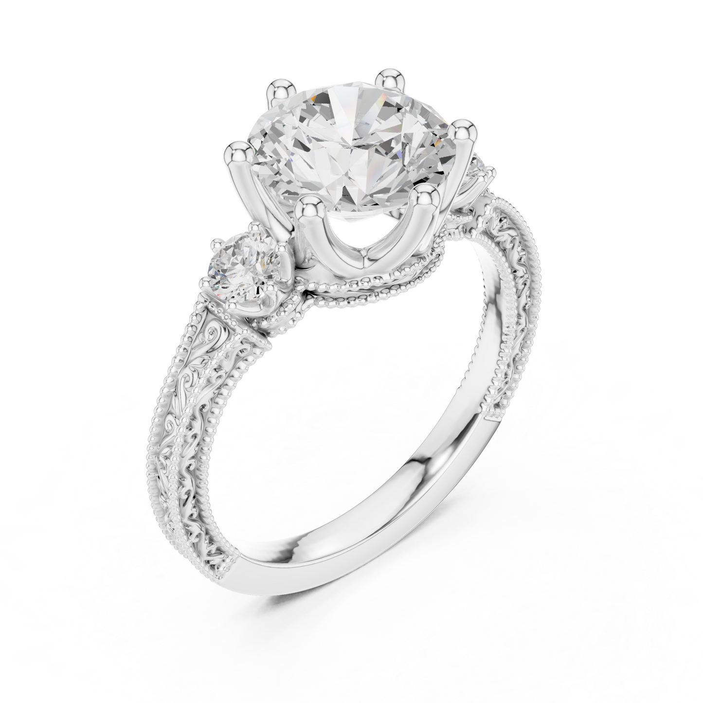 2.80 Carat Vintage Three-Stone Round Diamond Filigree Ring | Solid Gold