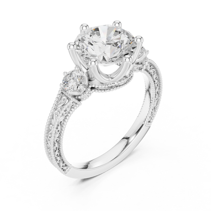 2.80 Carat Vintage Three-Stone Round Diamond Filigree Ring | Solid Gold