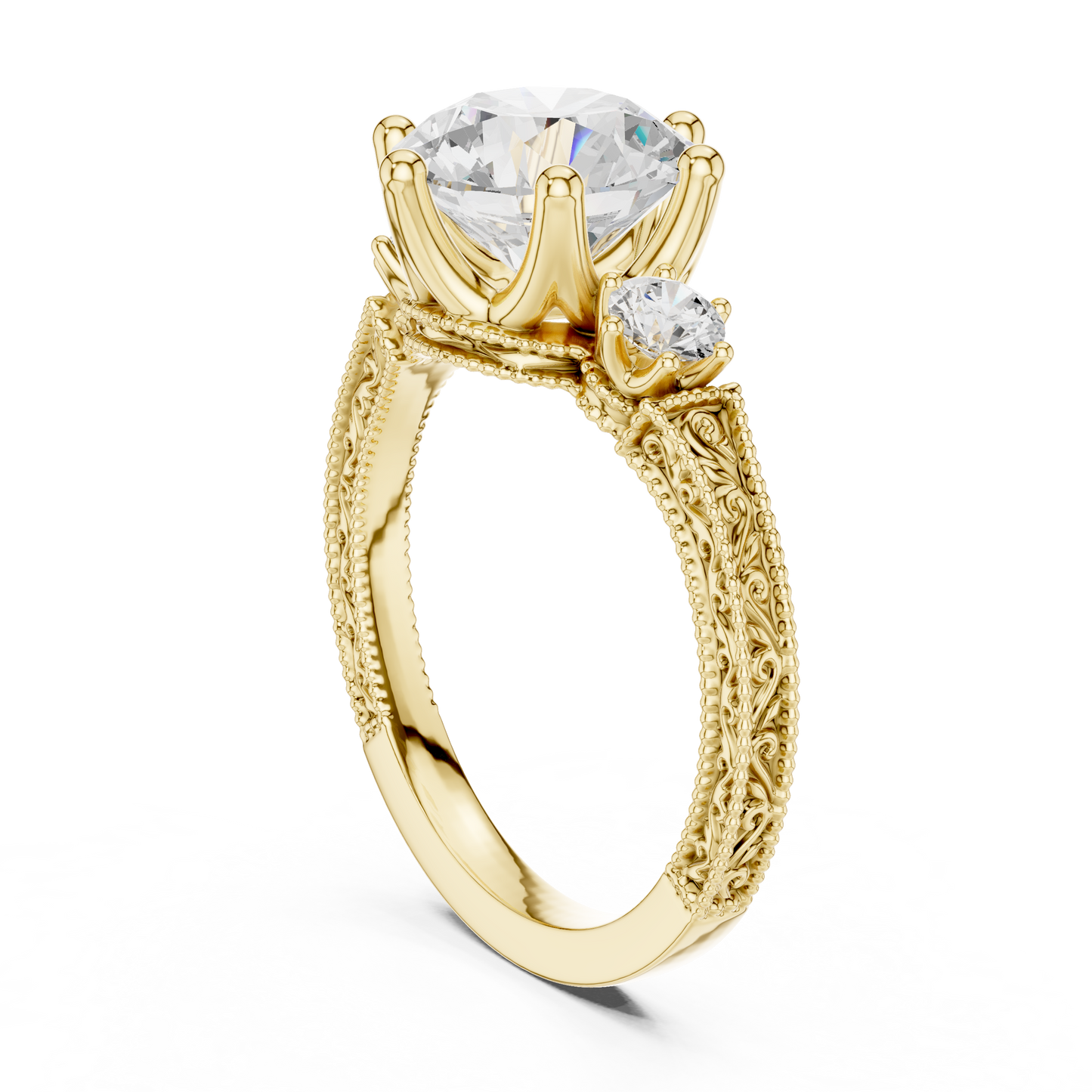 2.80 Carat Vintage Three-Stone Round Diamond Filigree Ring | Solid Gold