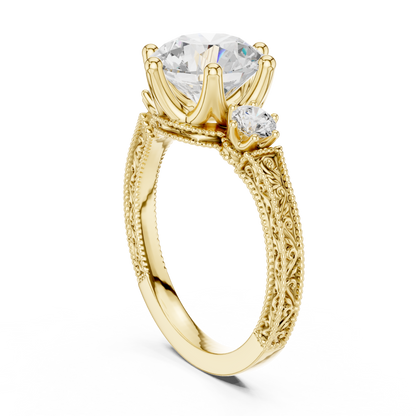 2.80 Carat Vintage Three-Stone Round Diamond Filigree Ring | Solid Gold