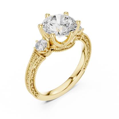 2.80 Carat Vintage Three-Stone Round Diamond Filigree Ring | Solid Gold