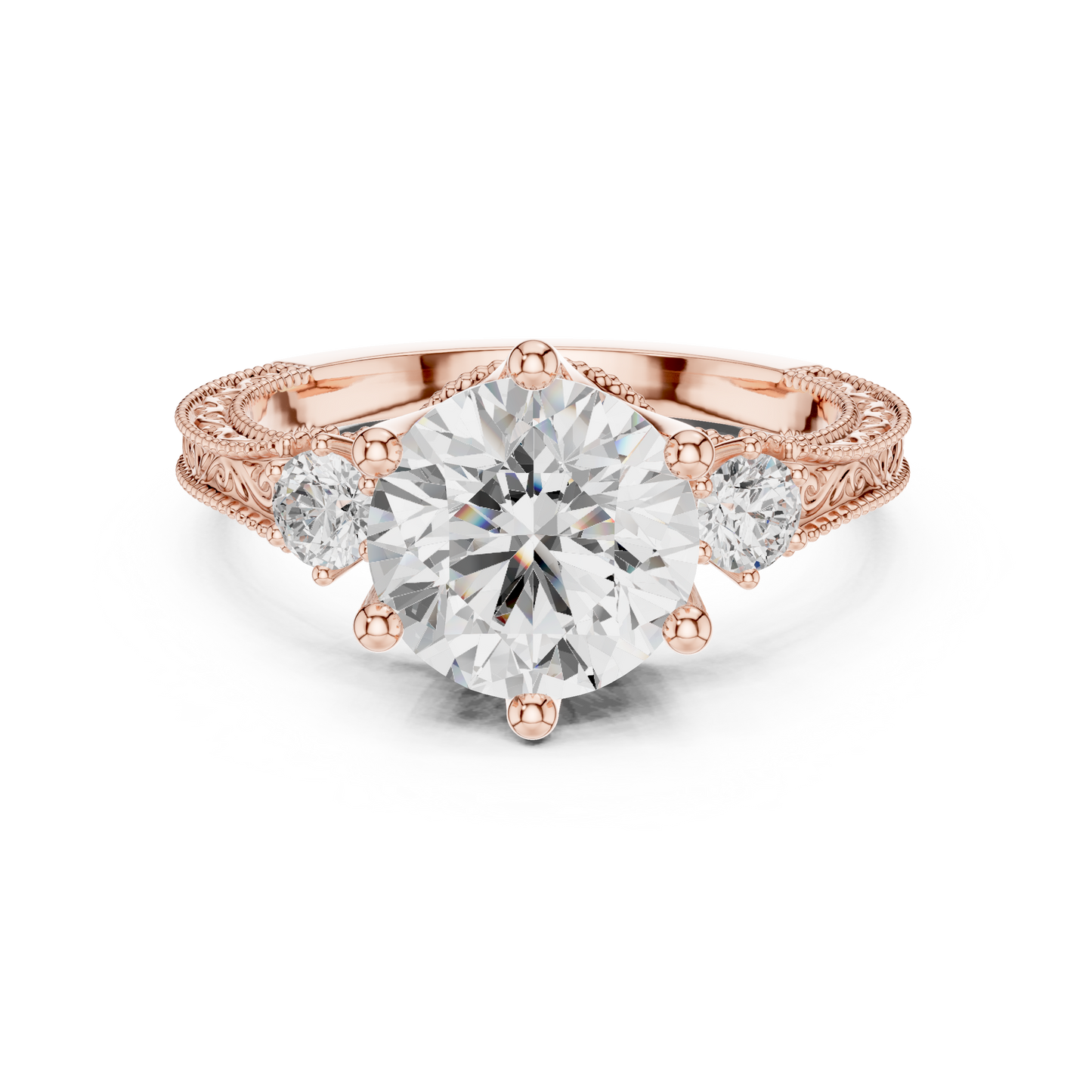 2.80 Carat Vintage Three-Stone Round Diamond Filigree Ring | Solid Gold
