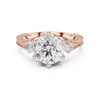 2.80 Carat Vintage Three-Stone Round Diamond Filigree Ring | Solid Gold